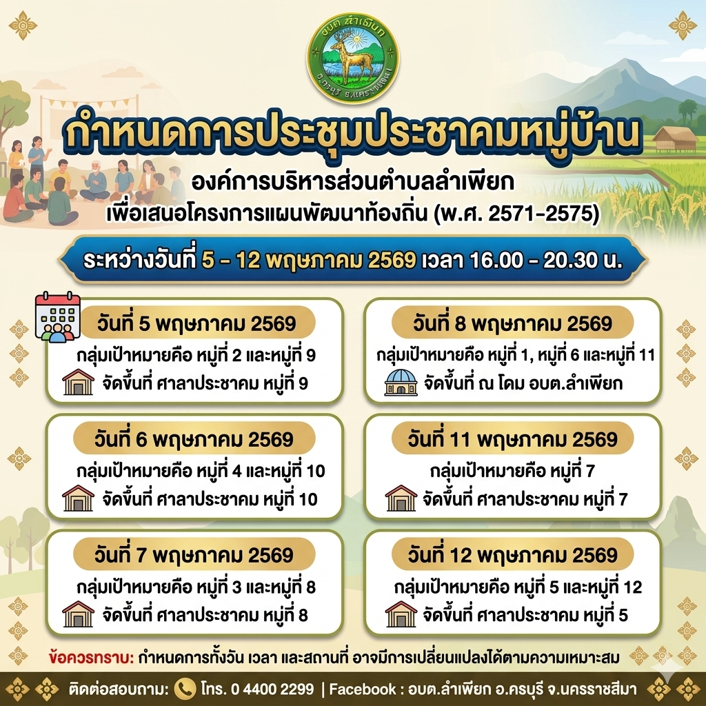 ขอเชิญประชาชนเข้าร่วมประชุมประชาคม จัดทำแผนพัฒนาท้องถิ่น (พ.ศ.2571-2575) ของ องค์การบริหารส่วนตำบลลำเพียก